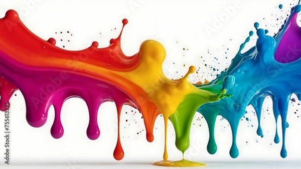 Fototapeta Color liquid ink splash abstract background rainbow art. Splash collage  rainbow mix flow drip on white background 