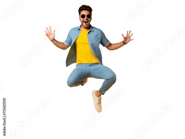 Fototapeta Happy young man jumping over the suitcase isolated on the transparent background.