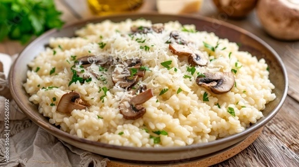 Fototapeta Creamy Mushroom Risotto in Rustic Bowl on Wooden Table with Ingredients Around