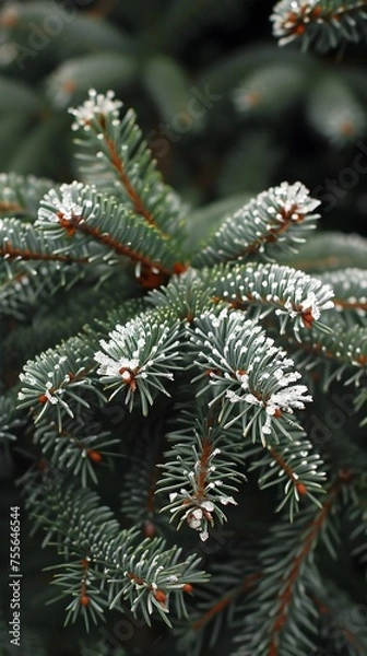 Fototapeta A close up of a pine tree with snow on the branches