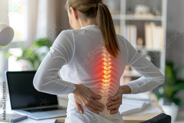 Obraz A woman working in an office has severe back pain at her workplace and touches her back. Ergonomic Alert: Woman Confronts Intense Back Pain at Desk, Urging Workplace Health Focus