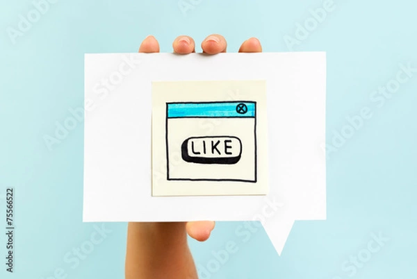 Fototapeta Like button notification on speech bubble, blue background.