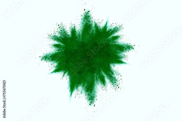 Fototapeta Green powder explosion on white background. Colored cloud. Colorful dust explode. Paint Holi