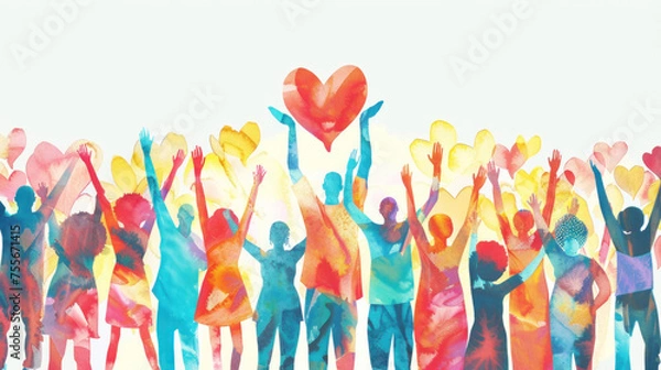 Obraz Watercolor illustration of a large group of people raising their hands up towards a big heart. Charitable assistance and volunteer activities. Support and assistance, Multicultural community
