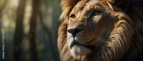 Fototapeta Close Up of a Lions Face in Forest Setting