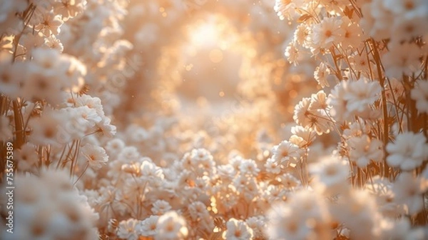 Fototapeta an archway filled with white flowers, in the style of bokeh panorama, light white and light gold, large format