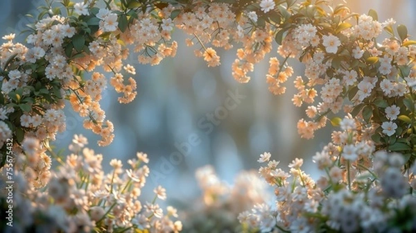 Fototapeta an archway filled with white flowers, in the style of bokeh panorama, light white and light gold, large format