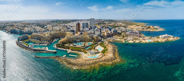 Obraz Landscape panorama of f St. Julian's city, modern high buildings. Day. Maltese island, Mediterranean sea