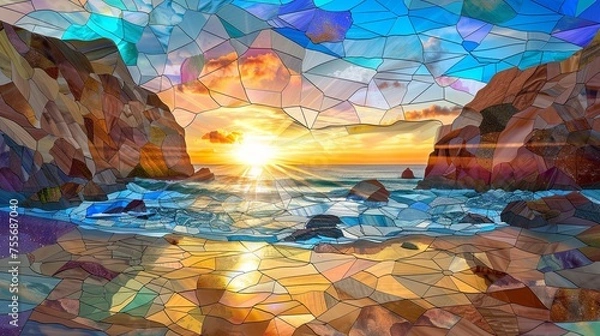 Obraz stained glass window sunset with landscape