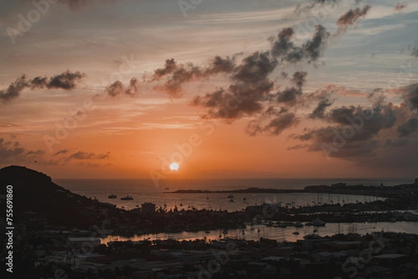 Obraz Orange and Blue Sky, Rocks, Mountains, and Sea Reflection