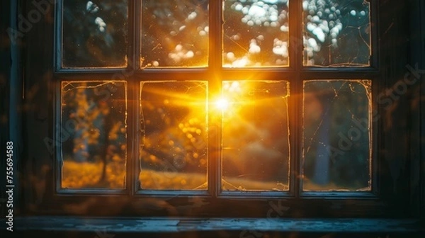 Fototapeta a window with the sun shining behind it