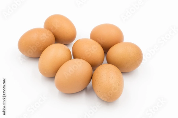 Obraz Close-up view of raw chicken eggs, chicken egg isolated on white background, Raw eggs on white background