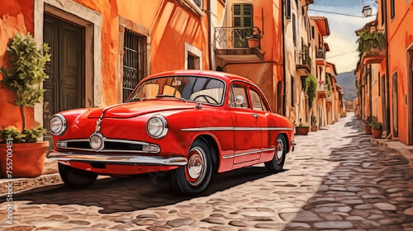 Fototapeta Roter alter Oldtimer in einer italienischen Straße, Kunst Design