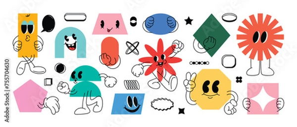 Fototapeta Set of Geometric shape characters, doodle hands, talk bubble texts, in basic style with elements on paper background. Vector illustration for branding, packaging, prints and social media posts.