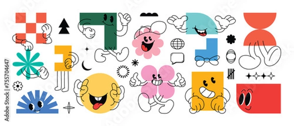 Fototapeta Set of Geometric shape characters, doodle hands, talk bubble texts, in basic style with elements on paper background. Vector illustration for branding, packaging, prints and social media posts.