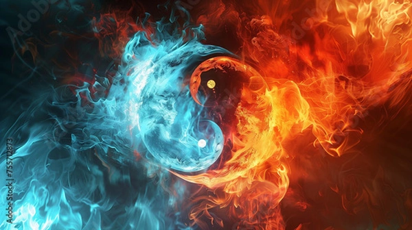 Fototapeta Background image with a Yin Yang inspired symbol using the contrasting colors blue and orange representing fire and ice.