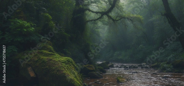 Fototapeta A Serene Forest Stream Underneath Misty Trees