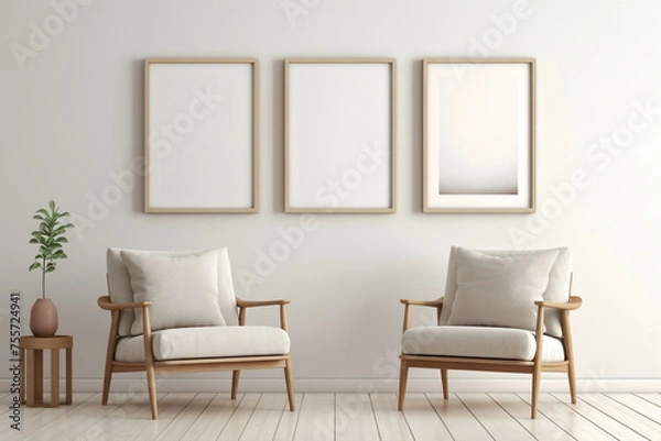 Fototapeta Beige Scandinavian sofa chair with a white blank frame against a soft wall.