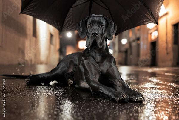 Obraz Deutsche Dogge in einer Häuserschlucht nachts bei Regen unter einem Regenschirm