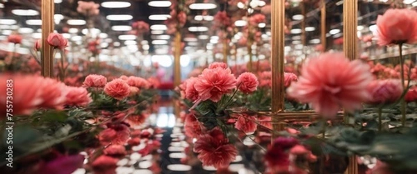 Fototapeta Multiple reflections of Flowers between the mirrors in a sequence of mirrors, spectacle of repeated, sychronized forms. Aesthetic: Delicate and vibrant