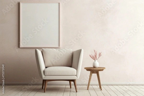 Fototapeta Comfortable beige chair beside a blank frame on a soft wall.