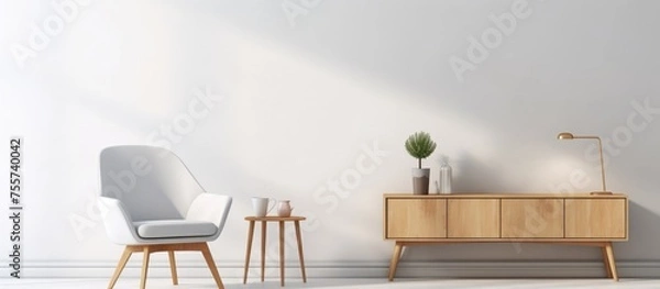Fototapeta Minimal design TV cabinet on white wall with armchair