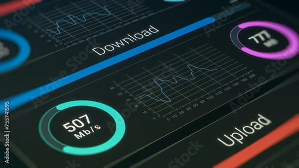 Fototapeta Net speed concept, fast data download, internet speed test, transfer data progress, infographic (3d render)