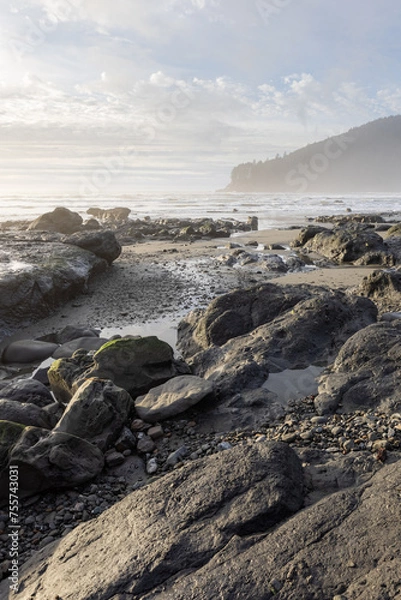 Obraz A rocky beach with a cloudy sky in the background