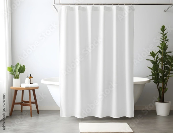 Fototapeta White Shower Curtain Mockup, Front View, elegant minimal modern aesthetic