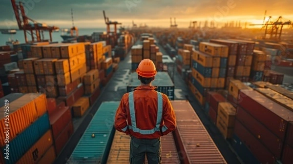 Obraz Logistics professional overseeing cargo operations at a bustling international shipping port during golden hour