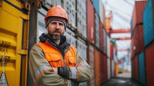 Obraz Professional Logistics Worker Among Shipping Containers in International Trade Hub