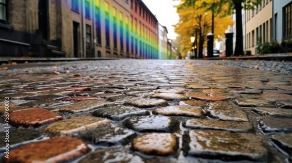 Fototapeta A closeup of rain soaked cobblestone streets with a rainbow
