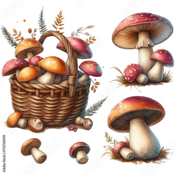 Obraz mitation Watercolor digital drawing autumn clipart of mushrooms, basket and leaves. Various agaric, chanterelle, boletus mushrooms isolated on a transparent background. Illustration for design, print,