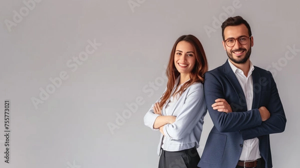 Fototapeta Business man and woman standing back-to-back with crossed hands against gray background, generative ai