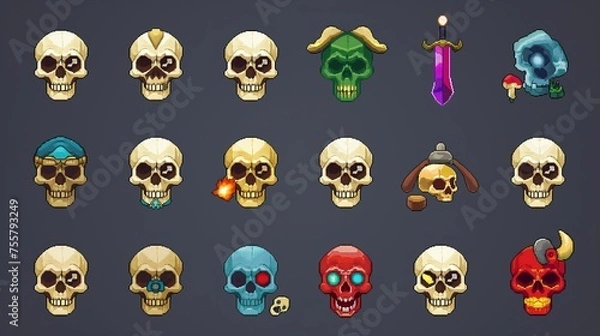 Fototapeta Pixelated skull icon with a menacing glare, perfect for representing peril in retro-style games.