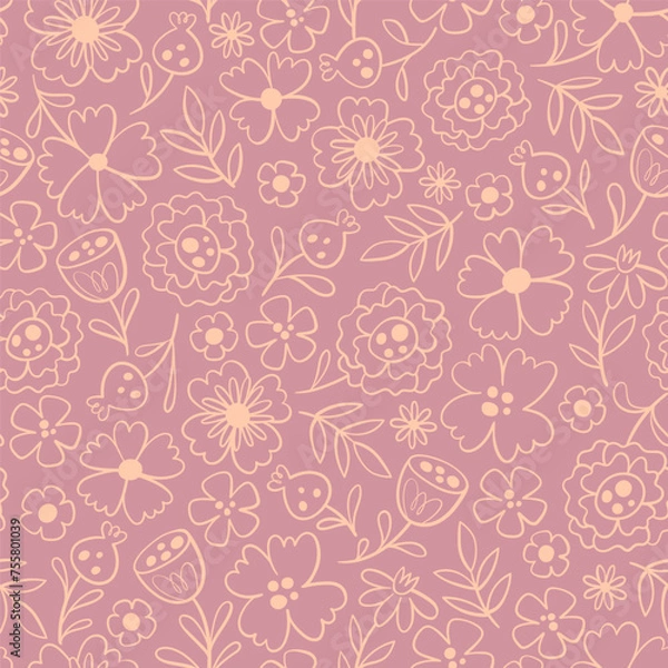 Obraz Floral seamless pattern in warm pink tones. Doodle style. Seamless pattern with line art flowers. Vector illustration.