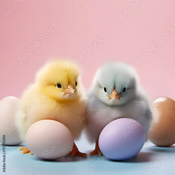 Fototapeta A beautiful pair of chickens and eggs around them. Pastel pink blue background. Minimal concept.