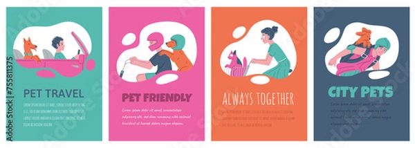 Fototapeta Set of posters or vertical banners about pet transport flat style, vector illustration