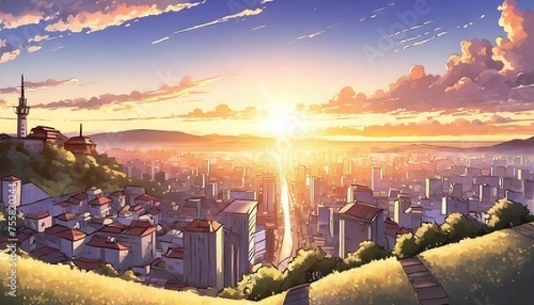 Obraz 丘から見下ろした夕暮れの街並み_01