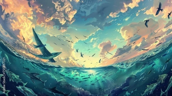 Fototapeta This surreal landscape imagines a world at dawn where water and sky swap places, with fish swimming amidst the clouds and birds gliding through ocean waves, a poetic inversion of the natural order.