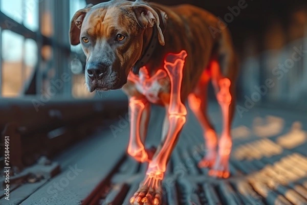Fototapeta German boxer walking inside building close up photo. Red illuminated X-ray of the forelimb and hindlimbs of standing dog.
