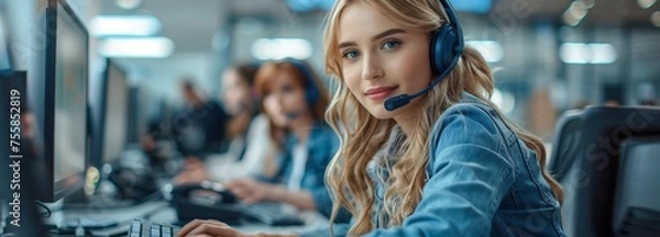Obraz A woman with electric blue headphones smiles while working at a call center