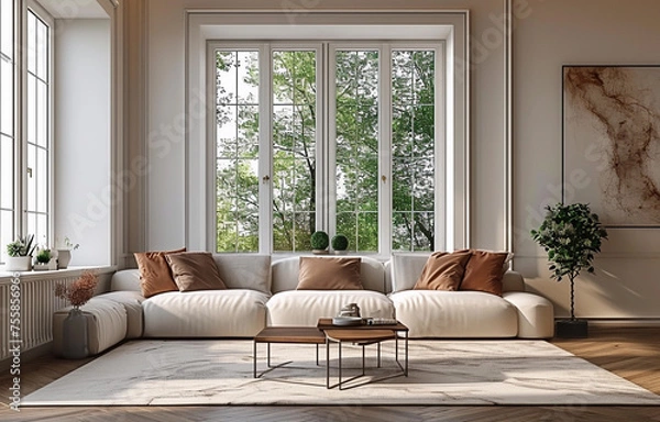 Obraz Living room with large window in house. Interior mock up template