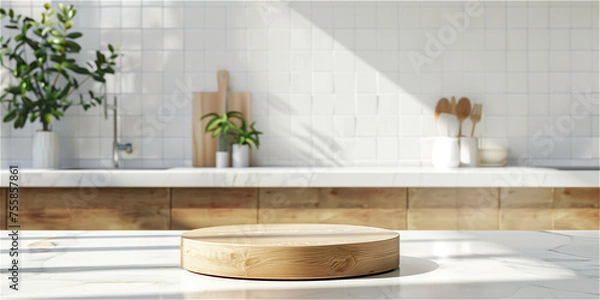 Fototapeta Kitchen table podium background. White kitchen with wooden stand for food product display. Empty wall, modern desk with wood board 3d abstract template