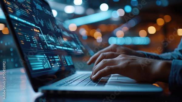 Fototapeta Close-up of a person's hands typing on a laptop keyboard, with the screen displaying futuristic digital data graphics
