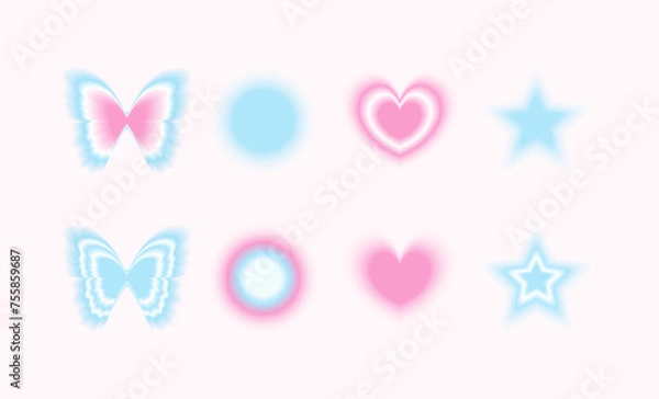 Fototapeta Y2K style blurred trendy shapes set. Butterfly, star, heart design elements.