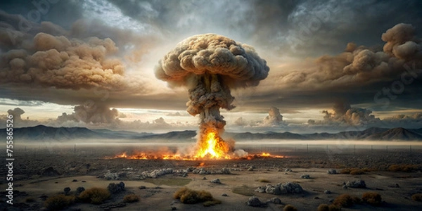 Fototapeta Nuclear explosion in the desert clouds and clouds in the background
