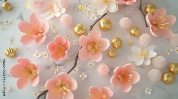 Fototapeta Cherry blossoms with gold ingots around