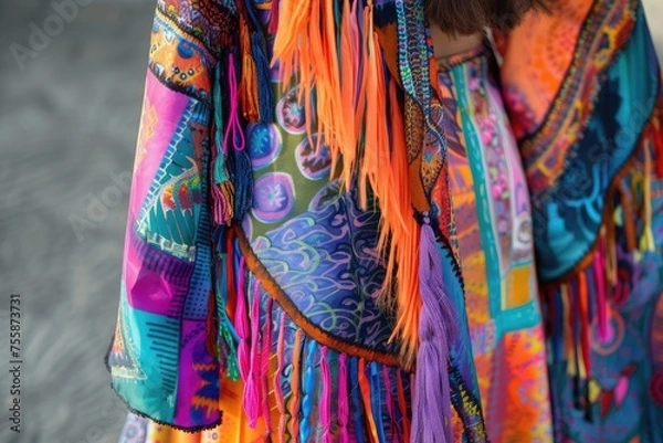 Fototapeta Extravagant maxi dress with bohemian fringes and vibrant prints