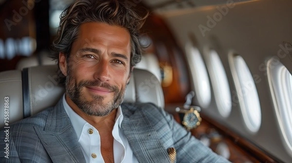 Obraz a man in a suit is sitting on a private jet